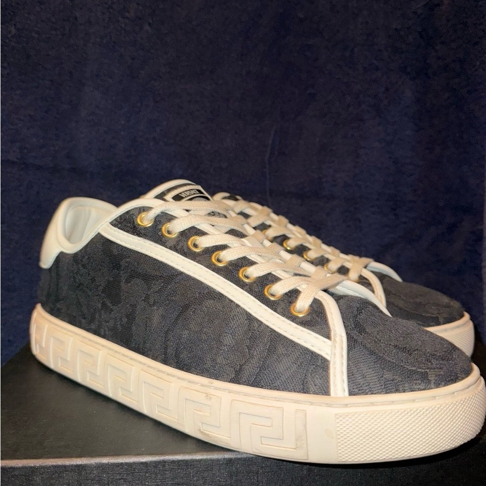 Versace Men's Black and White Sneakers with Gold Accents